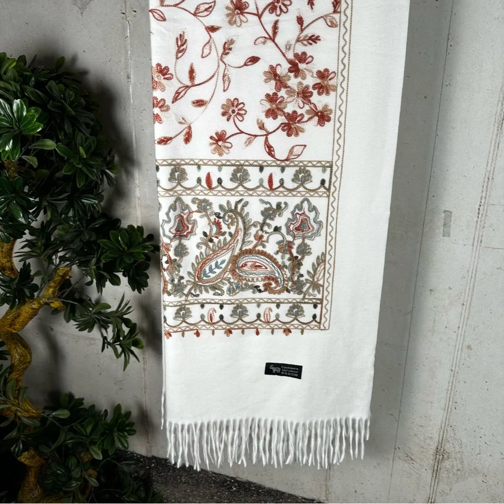 Embroidered white cashmere scarf wrap ruana